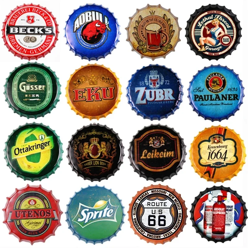 Wine Beer Cap Tin Sign Metal Round Plate Wall Decor Hanging Crafts Vintage Metal Plaque Home Decoration Bar Pub Cafe Art Signs