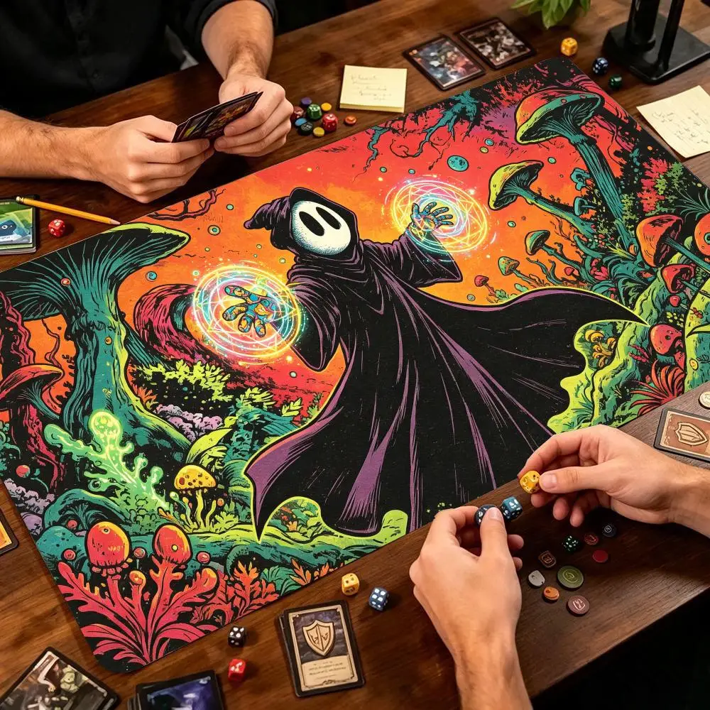 Psychedelic Dark Mage Character Large Game Playmat Non Slip Rubber Table Mat Stitched Edge For Card Game Desk Laptop Gaming