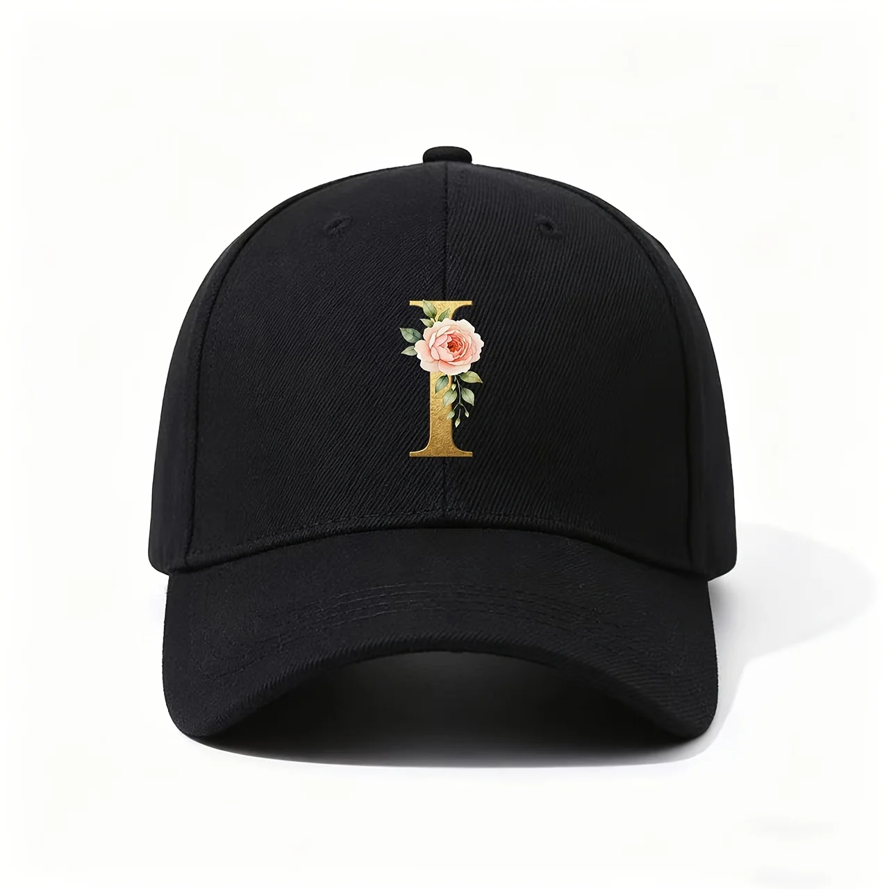 Baseball Cap, Golden Letter I Peony Blossom Minimalist Luxury Fresh Aesthetic Romantic Daily Wear Meaningful Festival Commemorat
