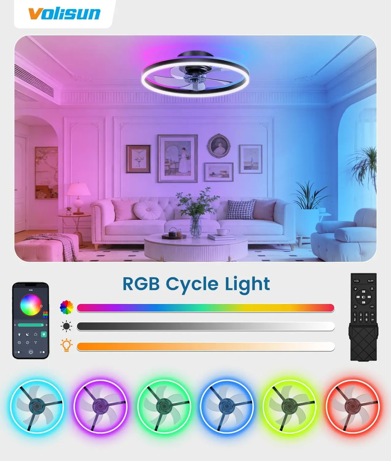 RGB Low Profile Flush Mount Ceiling Fan Light Remote Dimmable Fandelier Bedroom Bladeless