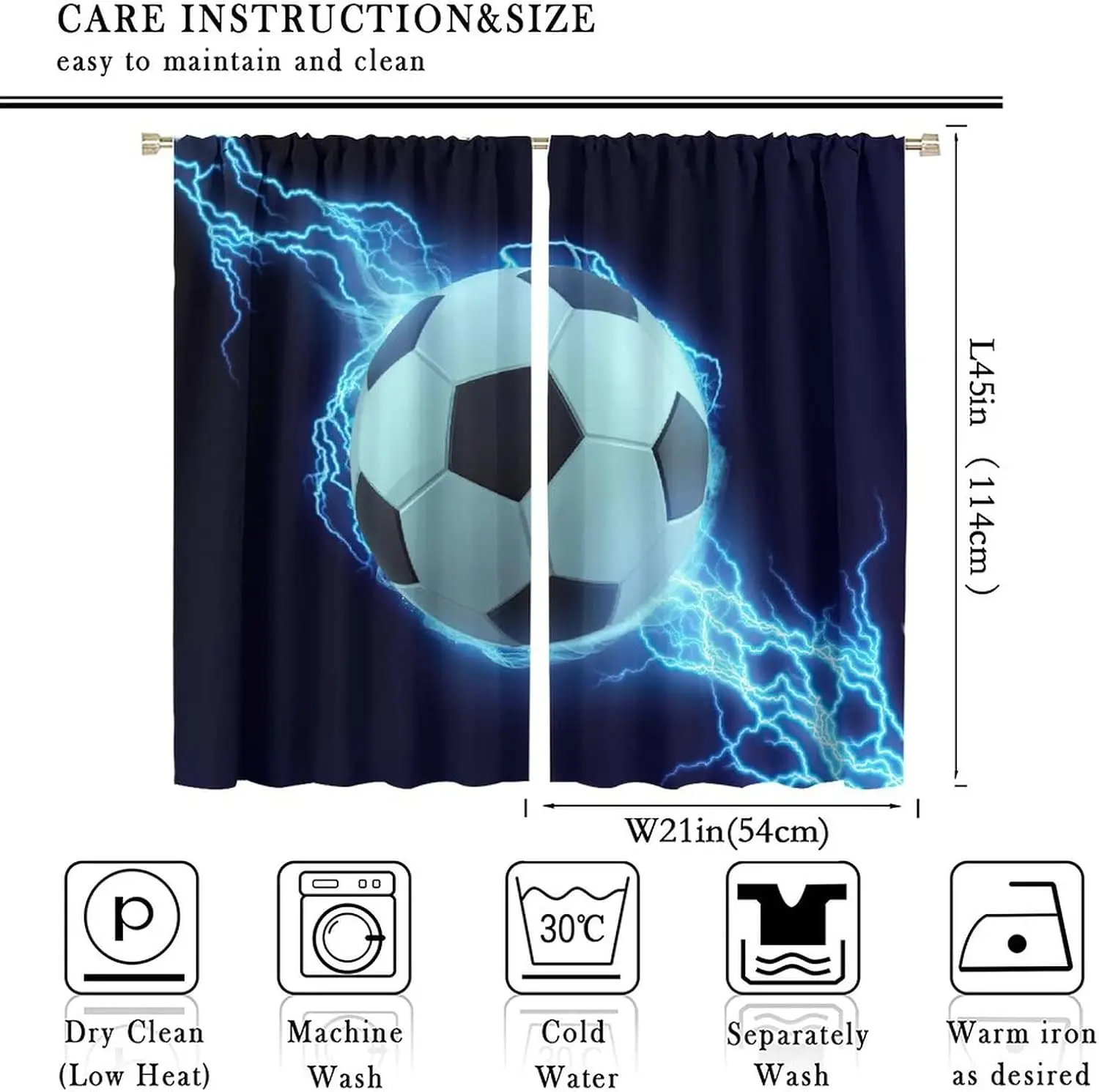 Boys Sports Curtain Dynamic Soccer Ball Surrounded By Bright Blue Lightning Flash Print Light Blocking Drape For Teen Dorm Game