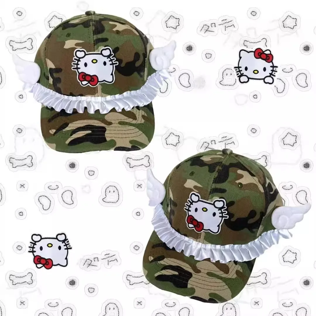 قبعة بيسبول Miniso لطيفة KT على شكل جناح من الدانتيل للصيف بحافة مسطحة كاجوال متعددة الاستخدامات تظهر وجهًا قبعة صغيرة للحماية من الشمس