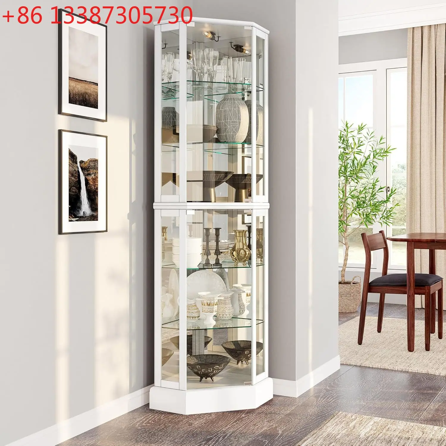 

Трехсторонняя стеклянная витрина с дверной полкой из закаленного стекла, изогнутый деревянный угловой шкаф