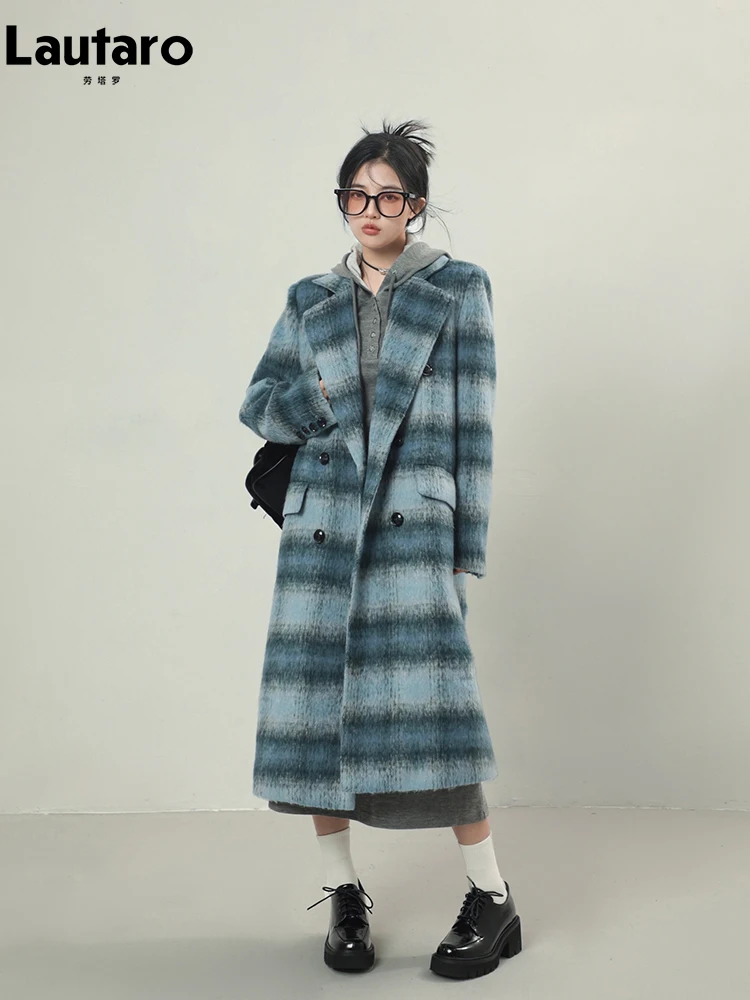 Lautaro Autumn Winter Long Warm Colorful Blue Plaid Woolen Coats for Women Shoulder Pads Double Breasted Korean Fashion 2023