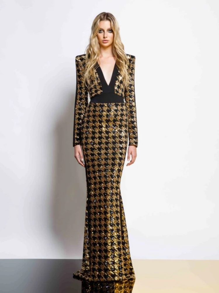 Sexy V Neck Bird Lattice Sequins Maxi Dress Women Black Gold Sequin Long Sleeves Bocycon Long Dress Runway Evening Party Gown