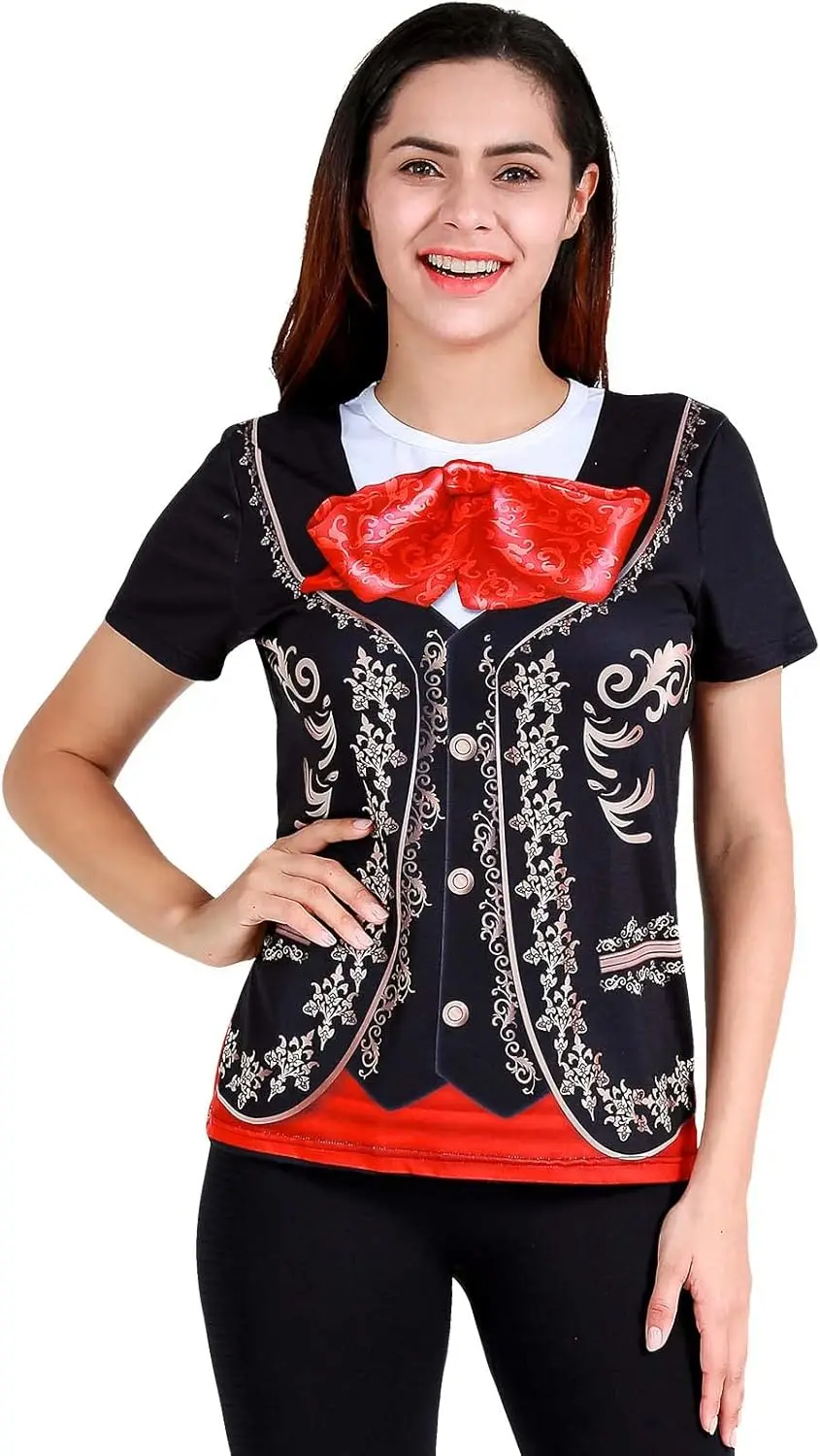 تي شيرت MARIACHI للسيدات من FUNNY WORLD بأكمام قصيرة زي الكرنفال المكسيكي