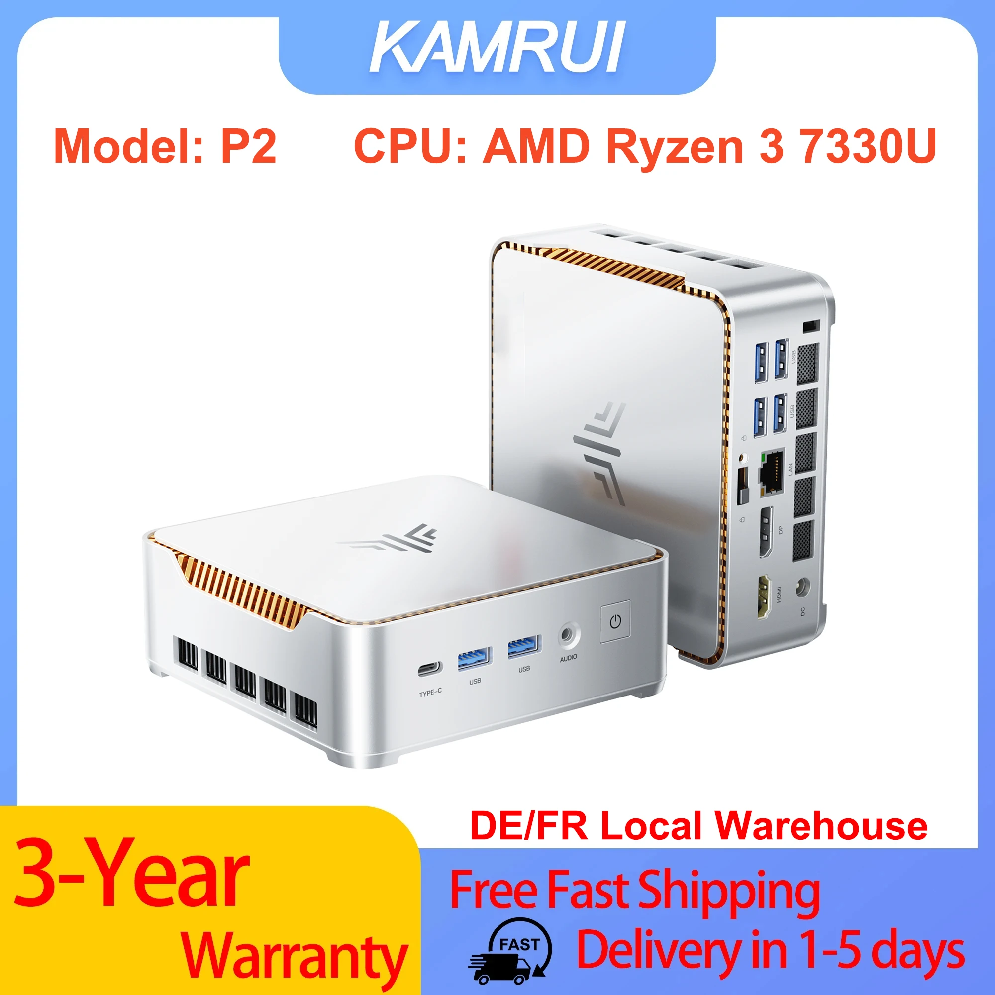 Mini PC KAMRUI P2 con AMD Ryzen 3 7330U, 16GB de RAM, 256GB de ROM, Wifi 5, BT4.2, M.2 2230, 2.3GHz, Windows 11 PRO, Computadora Portátil de Escritorio