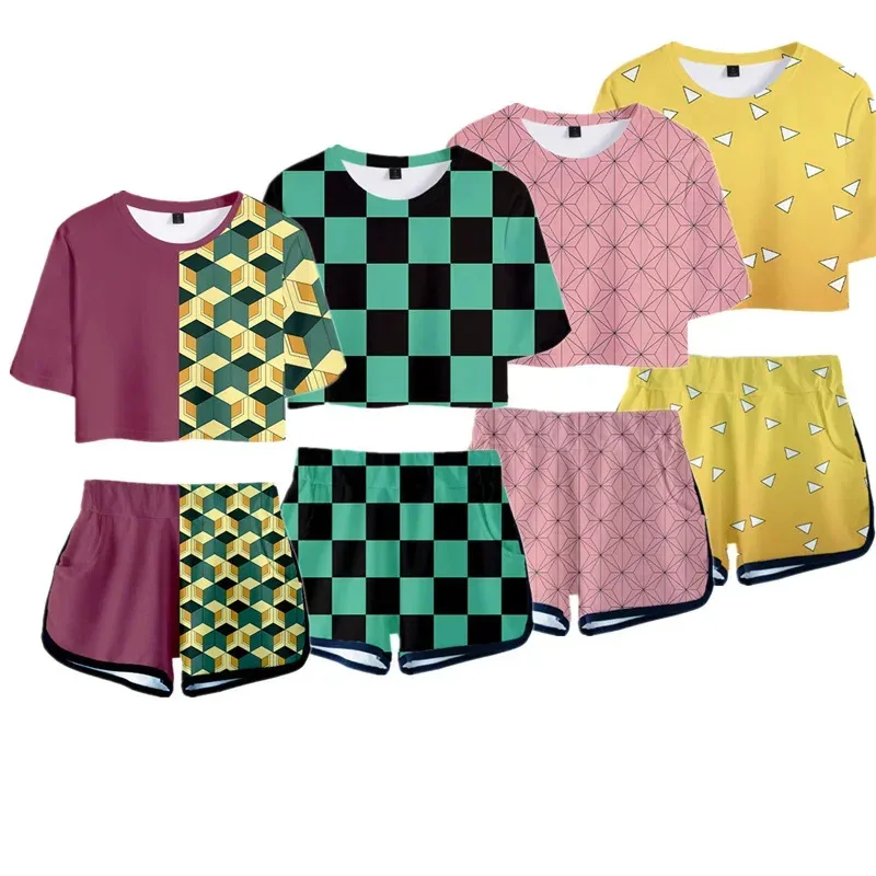 Demon Slayer Kimetsu no Yaiba Costume Women Top Shorts Sport Suits Kamado Nezuko Running Shorts Shirt Girls Set Cosplay