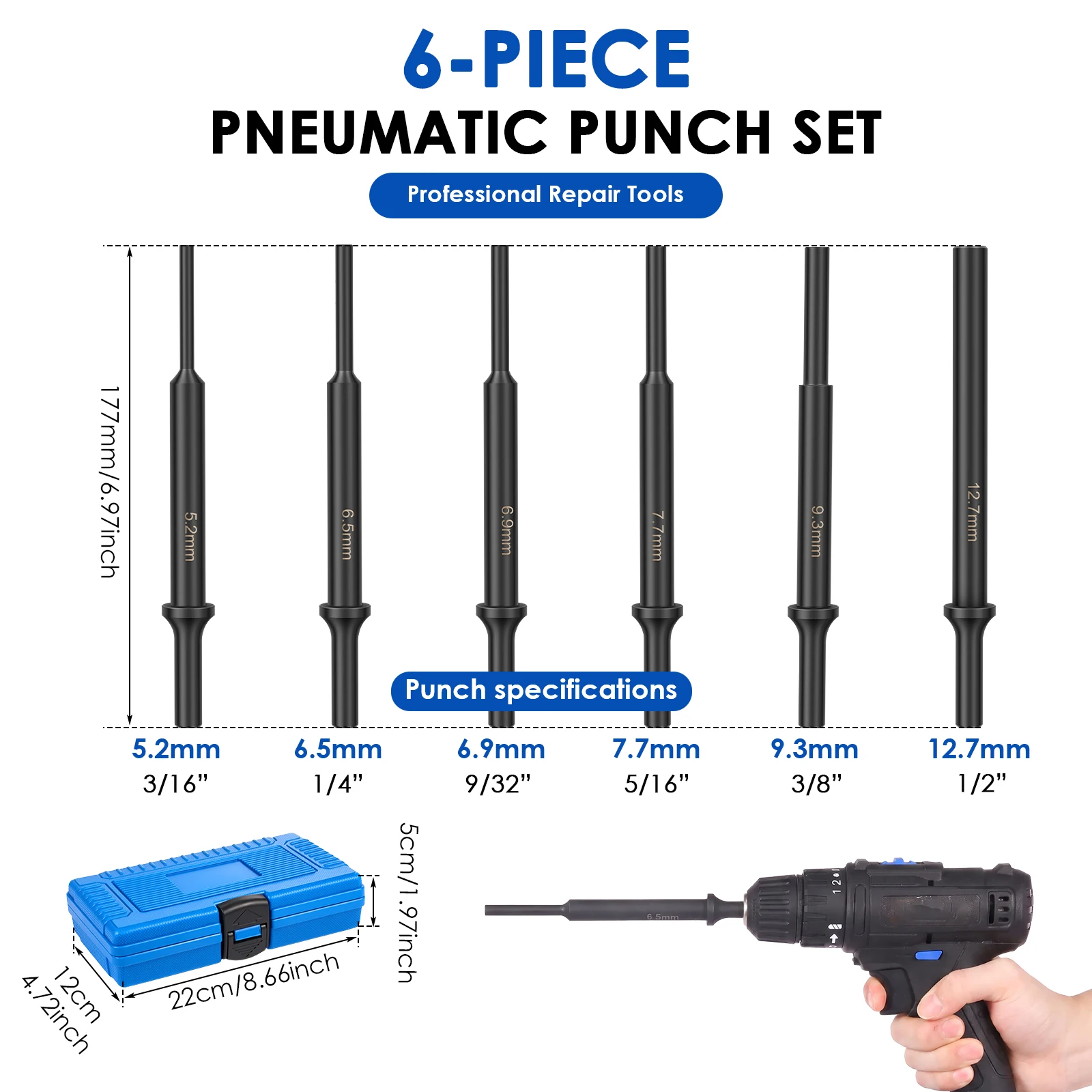 6Pcs Pneumatic Air Hammer Pin Punch Set 7 Inch Long Extended Drift Punch Bits with Storage Case for Automotive Bushing Bolt DIY