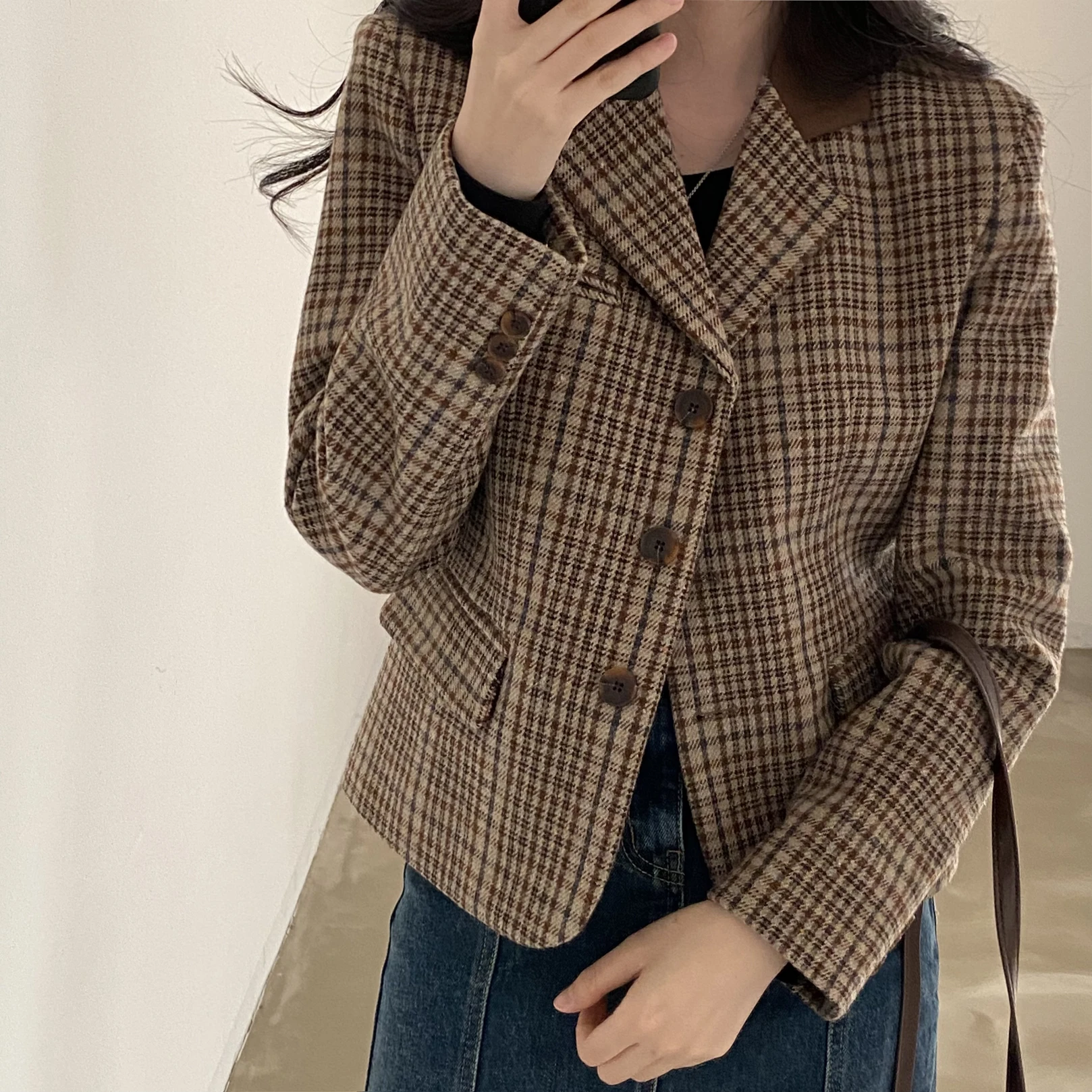 Korean Style Autumn Winter Plaid Short Suit Jacket Color Block Collar Atmosphere Vintage Woolen Coat Long Sleeve Women's Fashion
