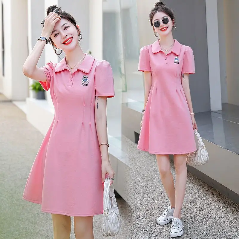 

Women Summer Sporty Polo Mini Dress Japan Korean Lady Cute Bear Embroidery Pink Dresses 2024 Casual Short Sleeve Dress Female