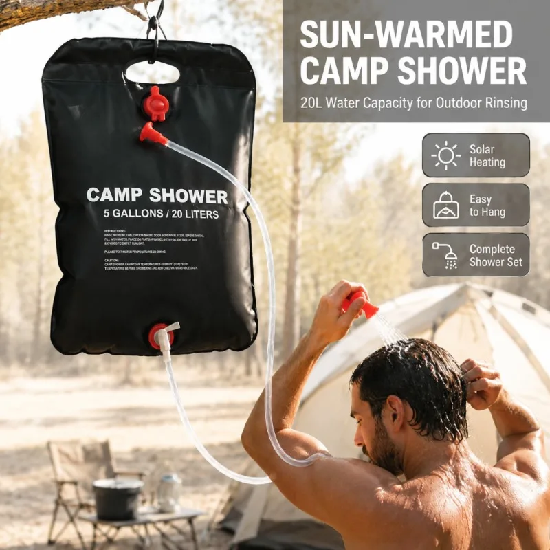Bolsa de Ducha Solar Plegable de 20L/10L, Bolsa de Almacenamiento de Agua Portátil con Calentamiento Solar para Exteriores, con Cabezal para Camping, Playa y Senderismo