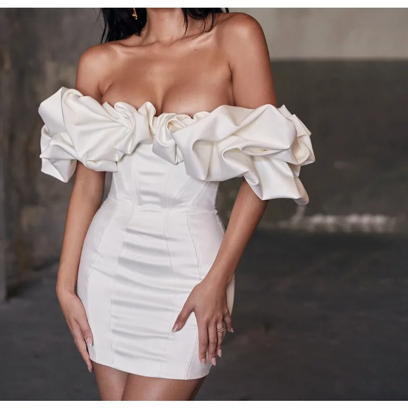 

2026 New Spring and Summer Dresses Waist and Hip Skirts Bandeau One-shoulder Herringbone Ruffle Dresses