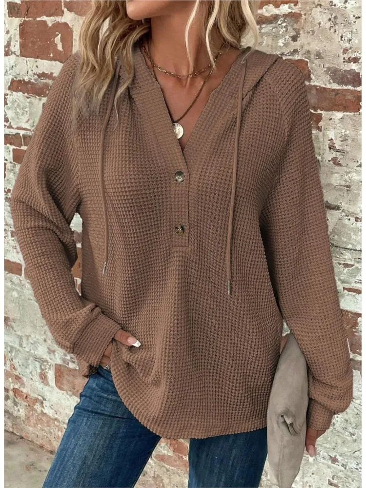 المرأة عارضة بلون البلوز الأزياء زر الخامس الرقبة طويلة الأكمام هوديي السيدات ربيع الخريف الأساسية البلوز قمم