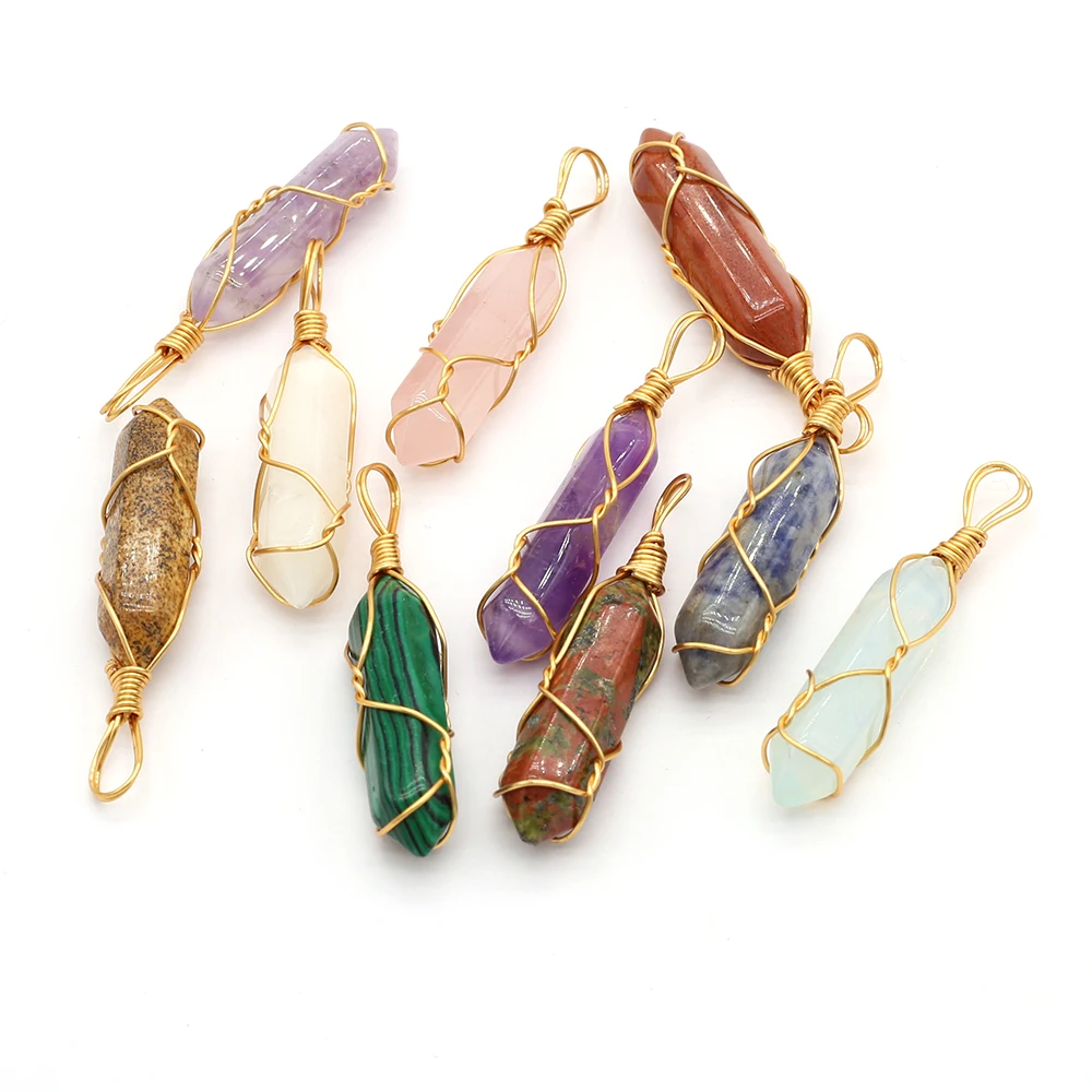 5pcs Gold Color Wire Wrap Vintage Pendant Natural Stone Crystal Agate Quartz Pendant for Jewelry Making DIY Necklace Earrings