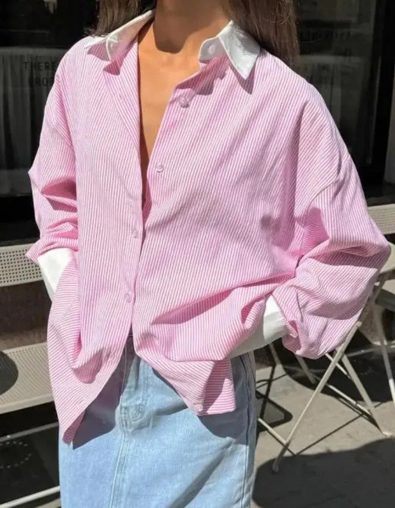 

2025 Women Blouse Contrasting Stripes Versatile Loose Women's Casual Shirt Spring Street Style Turn-Down Collar Long Sleeved Top