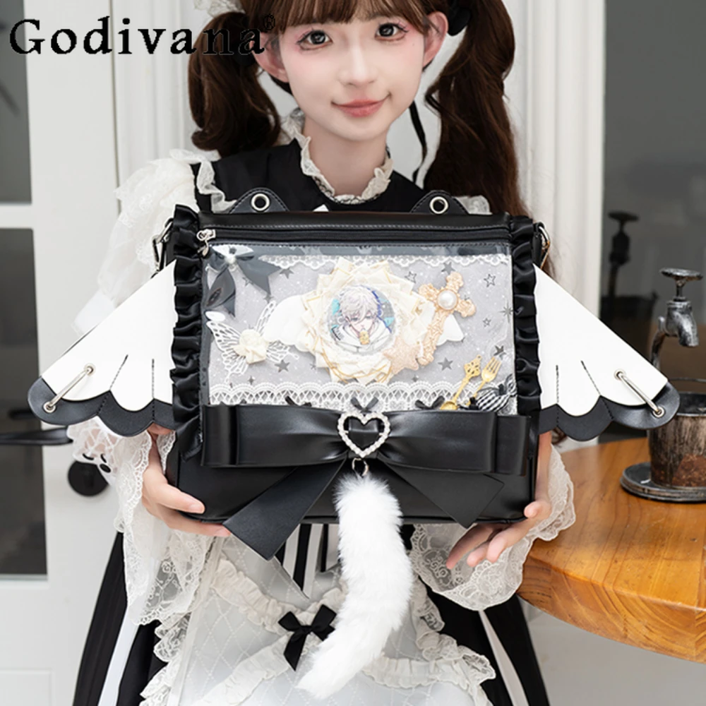 Fashionable DIY Tote Handbag Transparent Itabag Sweet Cute Lolita Shoulder Crossbody Bag Detachable Black Backpack