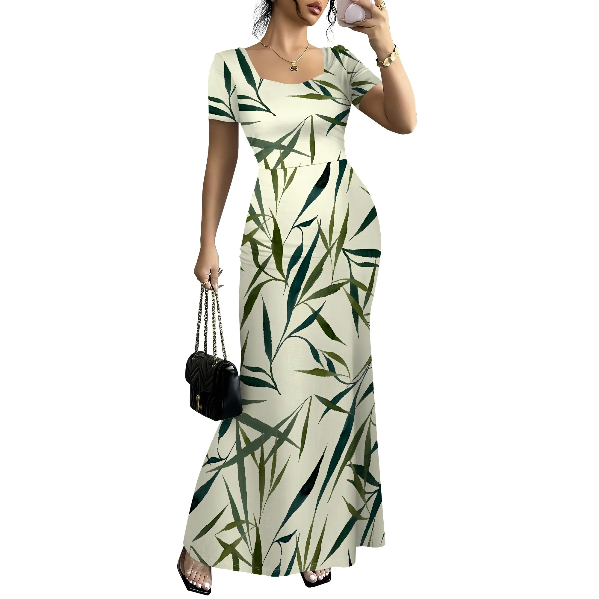 Nupusa Tropical Leaf Print Dress for Women Standard Size Summer Casual Square Neck Short Sleeve Maxi Dress