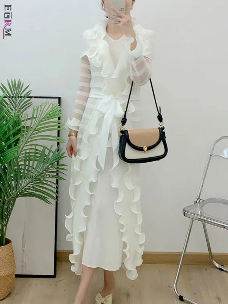 

EGRM 2024 Spring New 2 Pieces Set Fashion Ruffles Long Sleeves Coat with Suspender Slim High Waist Dress Female Clothing 6GR2917