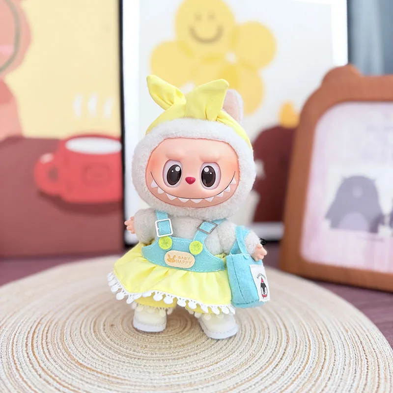 

15 /17 Cm Labubu Doll Clothes Accessories For 1st 2nd 3rd Gen Light Yellow Suspender Lace Rabbit Skirt Princess Shoes Hairband