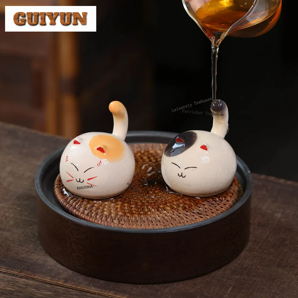 Yixing Purple Clay Lucky Cat Tea Pet Elegant Exquisite Miniatures Tea Figurine Play Toys Tea Statue Ornaments Craftsmanship