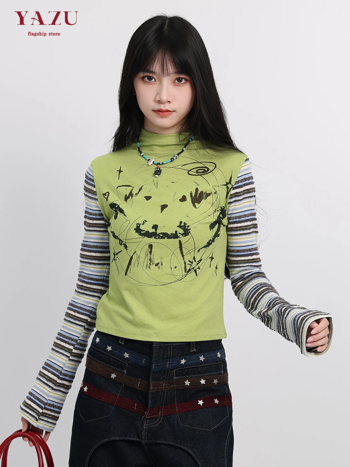 American Style Long Sleeve T-Shirt Women Early Autumn New Design Sense Striped Correct Shoulder Slimming Top High Collar