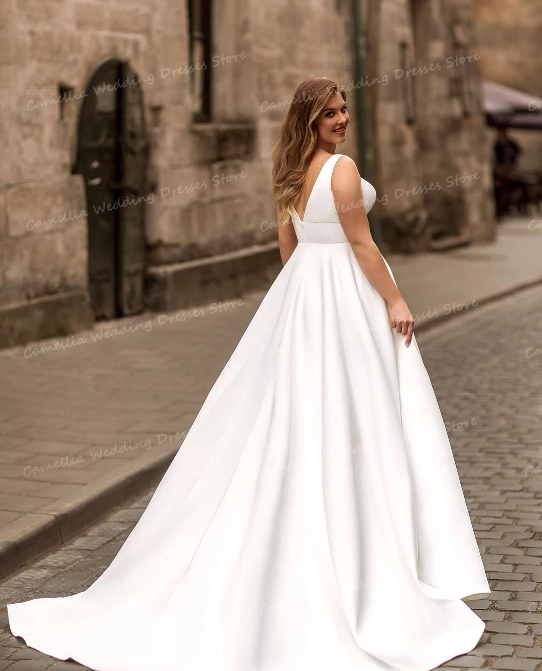 Robe de mariée à col en V pour femme, simple, ligne A, sexy, dos nu, fibre pour les patients, quel que soit le pli, satin, robe éducative, grande taille