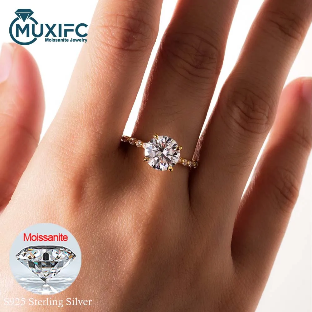 

MUXIFC 3 Carat Round Cut Moissanite Wedding Ring For Women S925 Sterling Silver Plated 18k Gold GRA Certificate Engagement Band