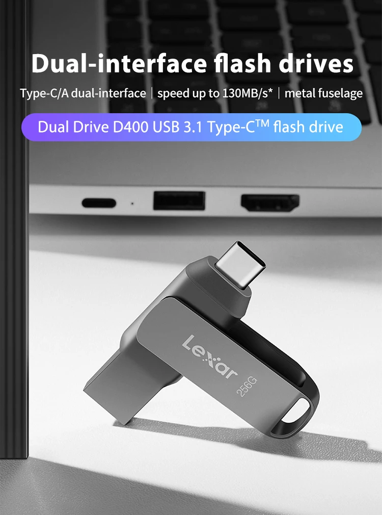 Lexar JumpDrive D400 Typ-C USB3.2 Gen1 Flash-Speicherstick 32GB 64GB 128GB 256GB USB 100MB/s Lesegeschwindigkeit Pendrive für PC und Smartphone – Detail 1