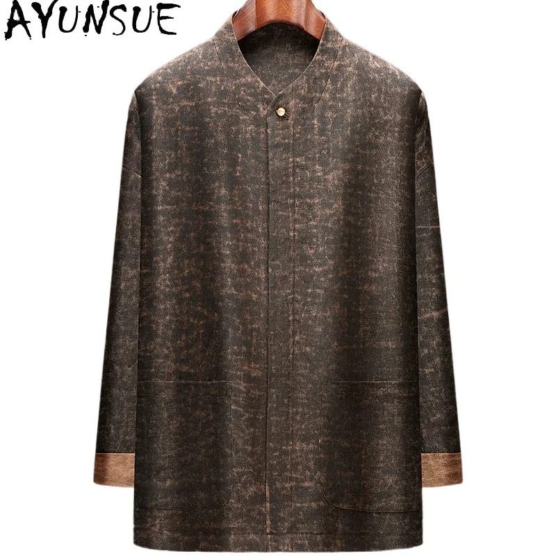 

AYUNSUE 55% Mulberry Silk 45% Linen Shirts for Men 2026 Luxury Watered Gauze Top Coat Man Clothing High-end Long Sleeve Shirt