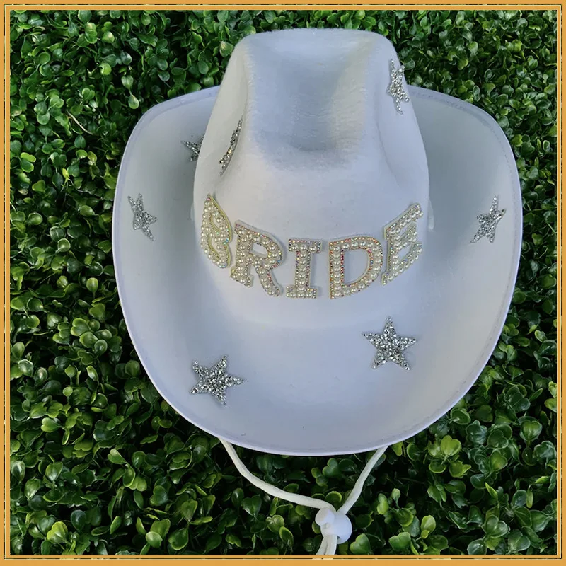 White Diamond Fringe Bride Cowgirl Hat Bride Hats Mrs. Cowboy Hat Bridesmaid Gift Bridal Summer Country Western Hat