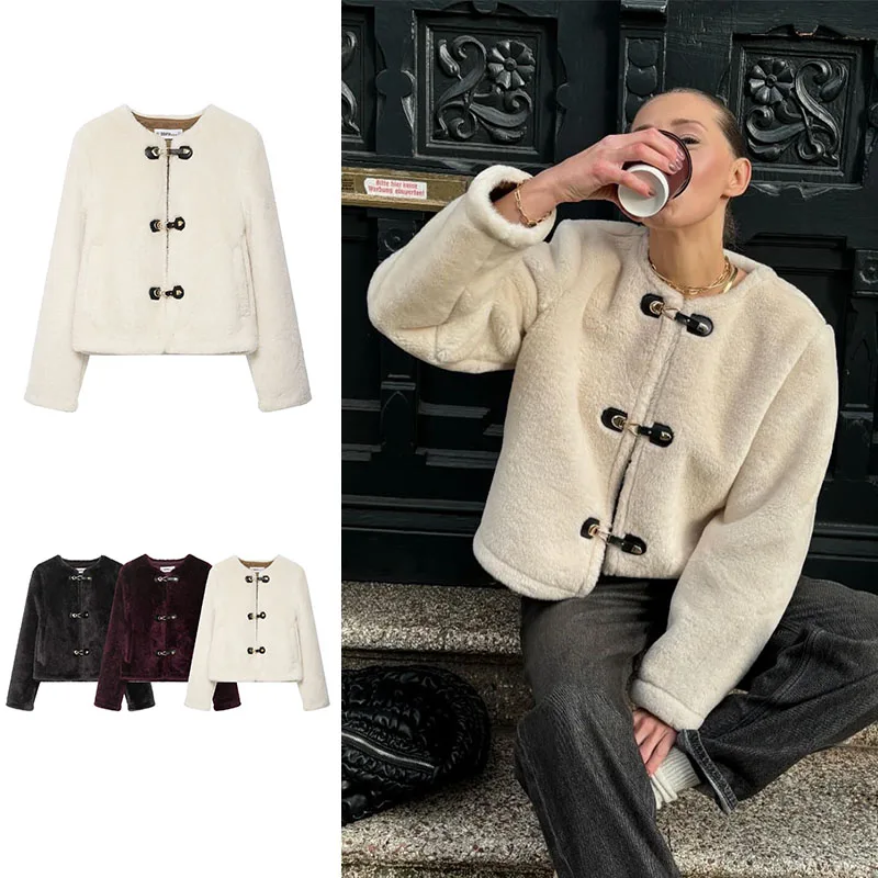 معطف فرو شتوي أنيق للسيدات باللون البيج الصلب وأكمام طويلة مع مشبك على شكل قرن سترات فضفاضة للسيدات ملابس خارجية كلاسيكية غير رسمية عالية الشارع