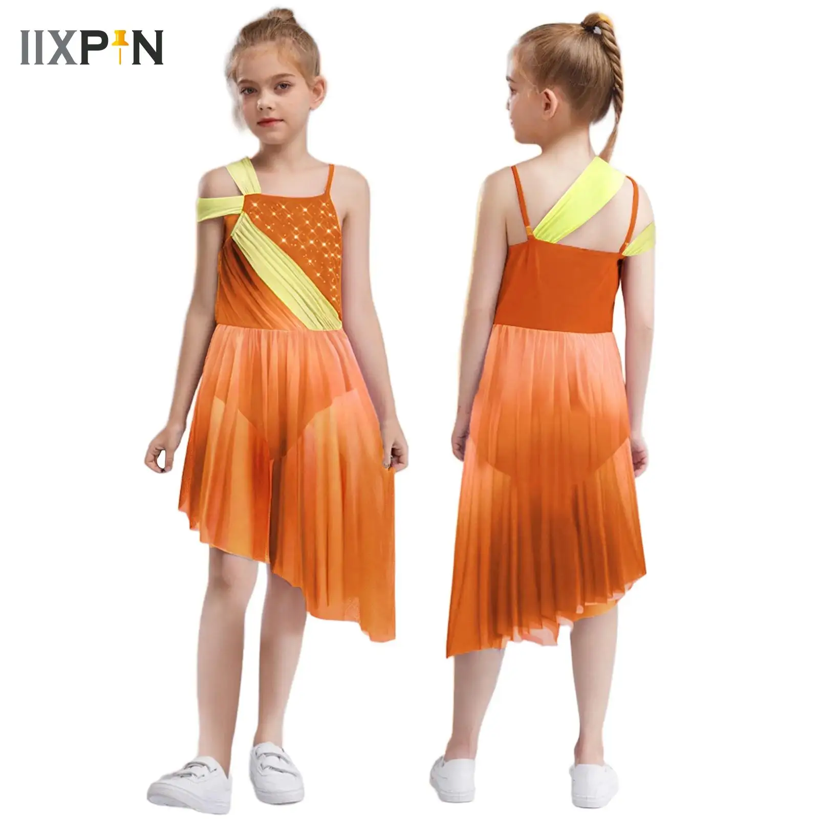 

Kids Girls Modern Dance Dress Shiny Rhinestones Sheer Mesh Ballet Gymnastics Leotard Dancewear Competition Performance Clothes