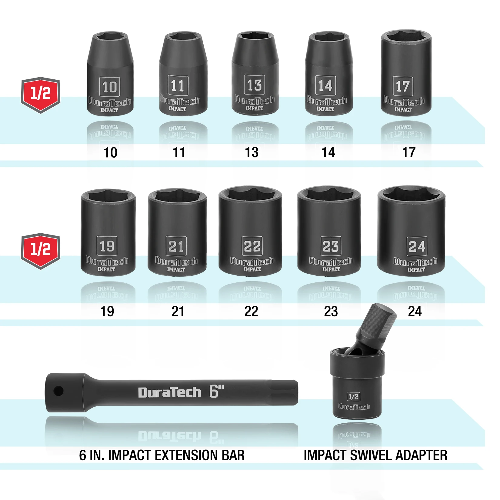 DURATECH 1/2 Inch Drive Impact Socket Set 12 Pieces, 10-24 mm 10 Pieces Metric Sockets with Impact Swivel Adapter