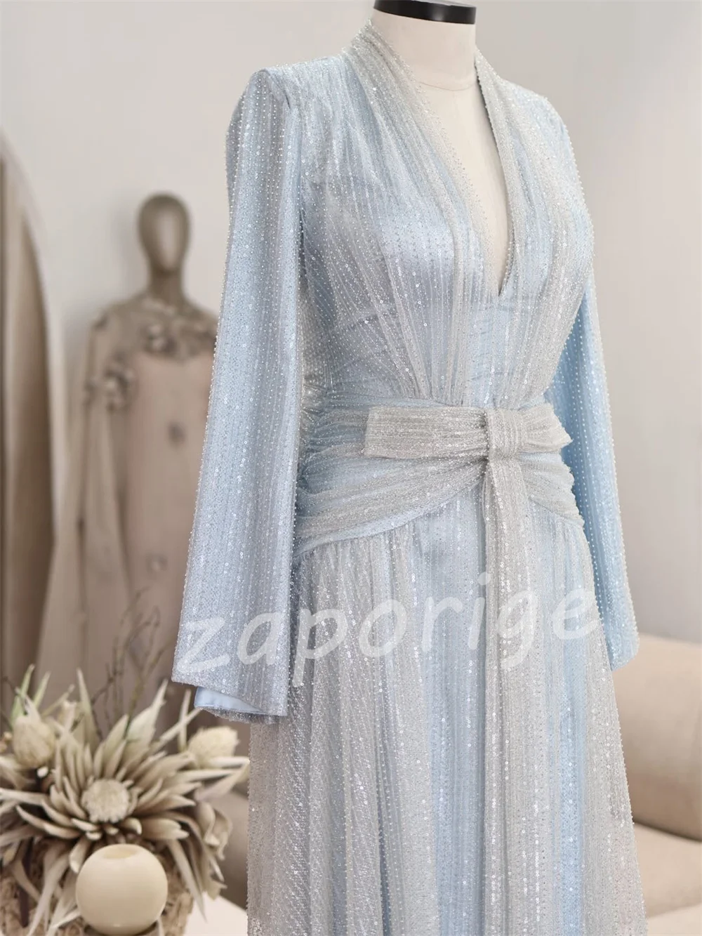 Customized Sizes Available Charmeuse Pleat Sequined A-line V-neck Long Bespoke Occasion Party Dresses Sexy