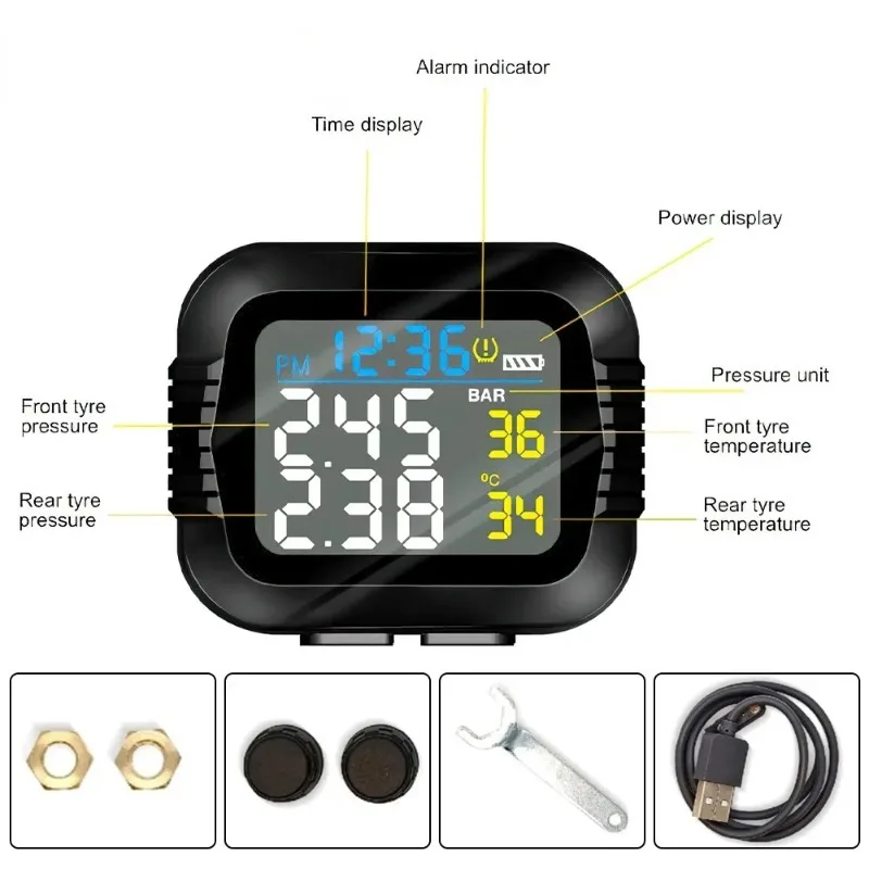 Motorcycle TPMS Tire Pressure Monitoring System Temperature Alarm With 2 External Sensors Moto Tyre Alarm Systems Real Time