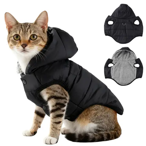 Chaqueta impermeable con capucha para Gato, disfraz de gatito de lana cálida para gatos pequeños y medianos con anillo en D, abrigo Sphynx, ropa de Pug