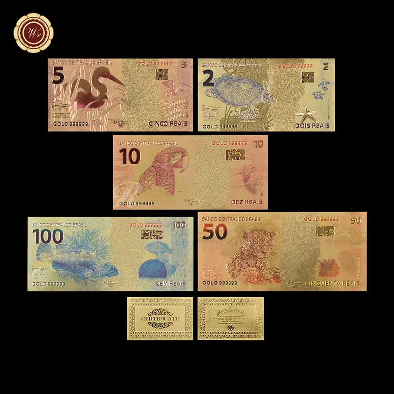 5Pcs/set Banknote Brazil Gold Banknote 2,5,10,50,100 Real Set Fake Money Banknotes Bank Note Business Gifts for Father