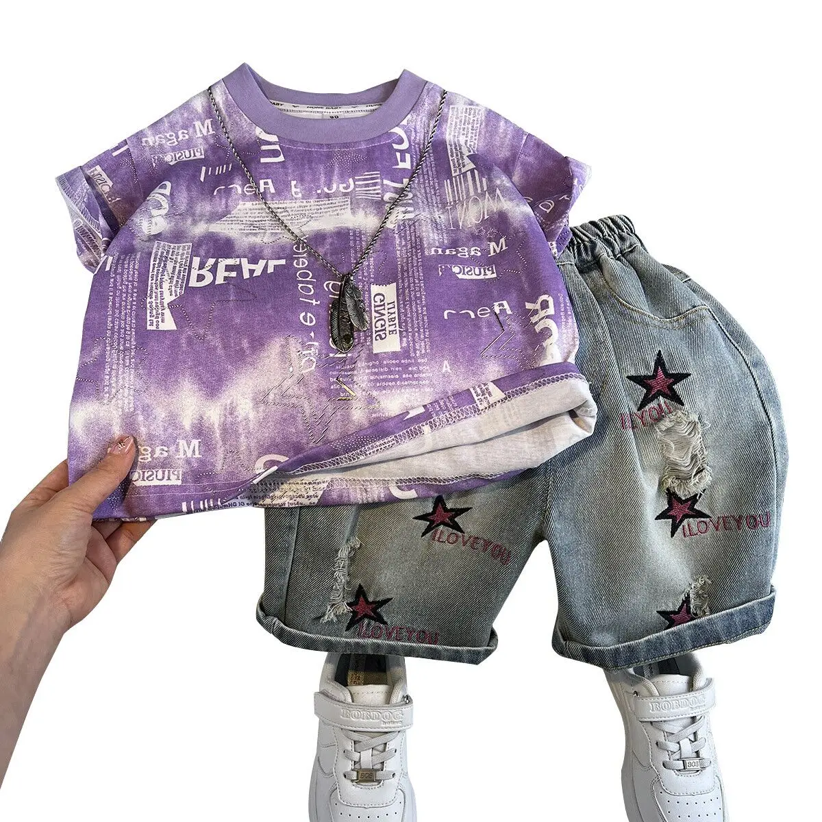 2025 New Fashionable Children's Cotton Short sleeved T-shirt Shorts Two piece Set Children's Clothing suit