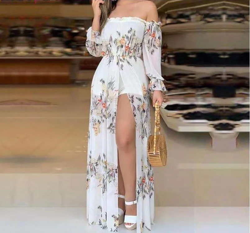 

2026 Spring/summer New Women's Fashion Printed Chiffon Loose Medium Long Dress White Split Long Dress