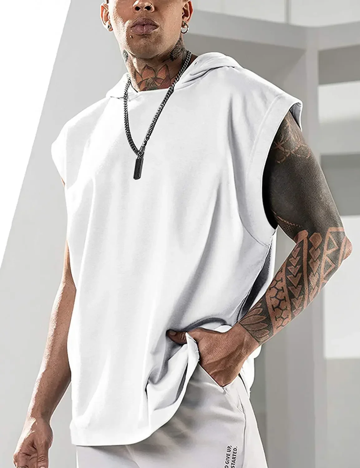 2024 Hooded Solid Color New Men\'s Casual Pullover Sports Men\'s T-shirt Sleeveless Men\'s Waistcoat Loose