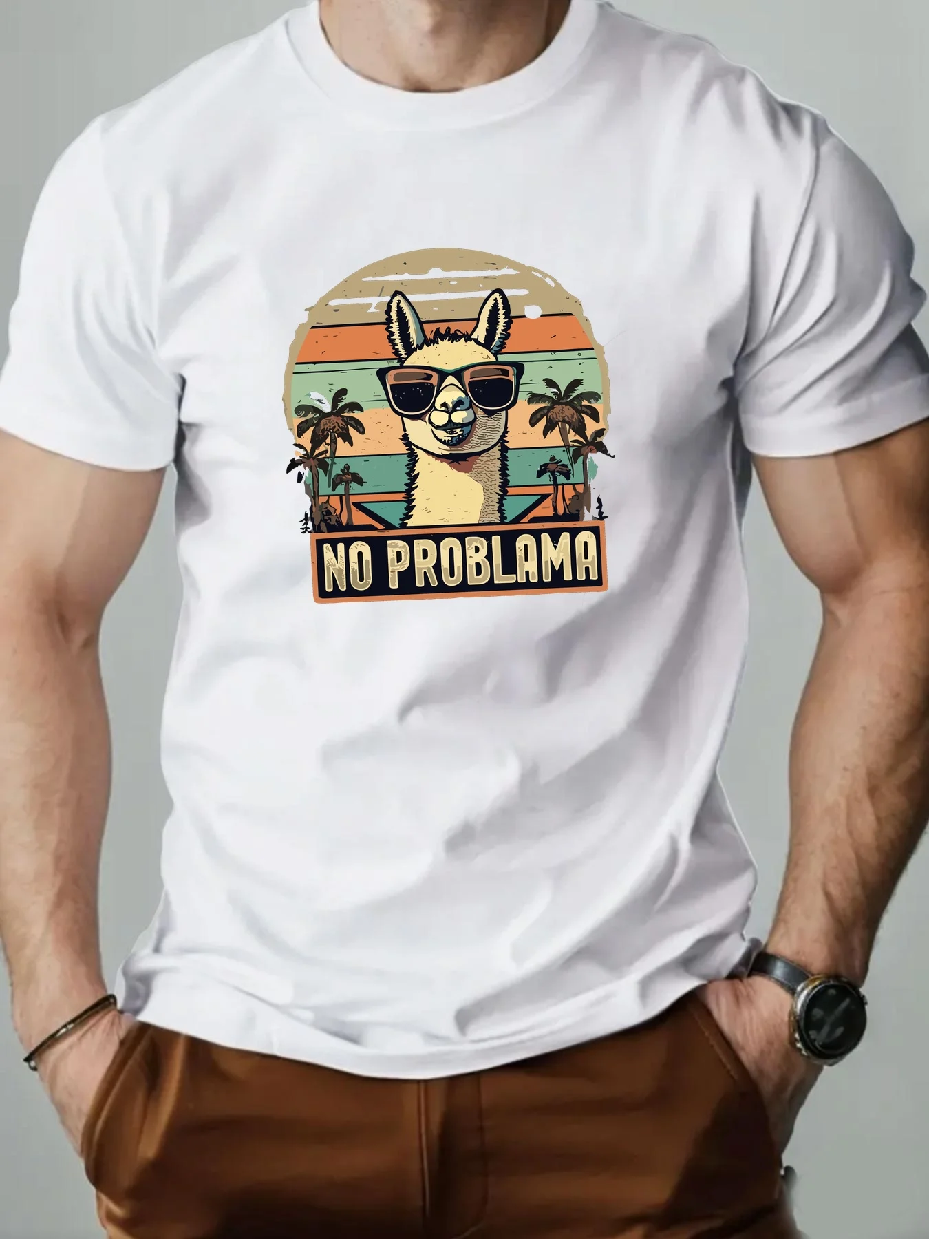 Vintage Funny Llama T-Shirt Unisex Clothes Sunset Palm Tree Alpaca Print O-Neck Cotton Short Sleeve Beach Tees Summer Casual Top