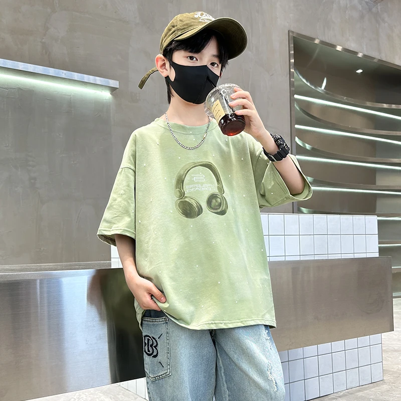 New Summer Tweens Child Cotton T-shirt with Headphones For Boys Tie Dye Print Short Sleeve Tshirt School Kids Causal Tee Tops