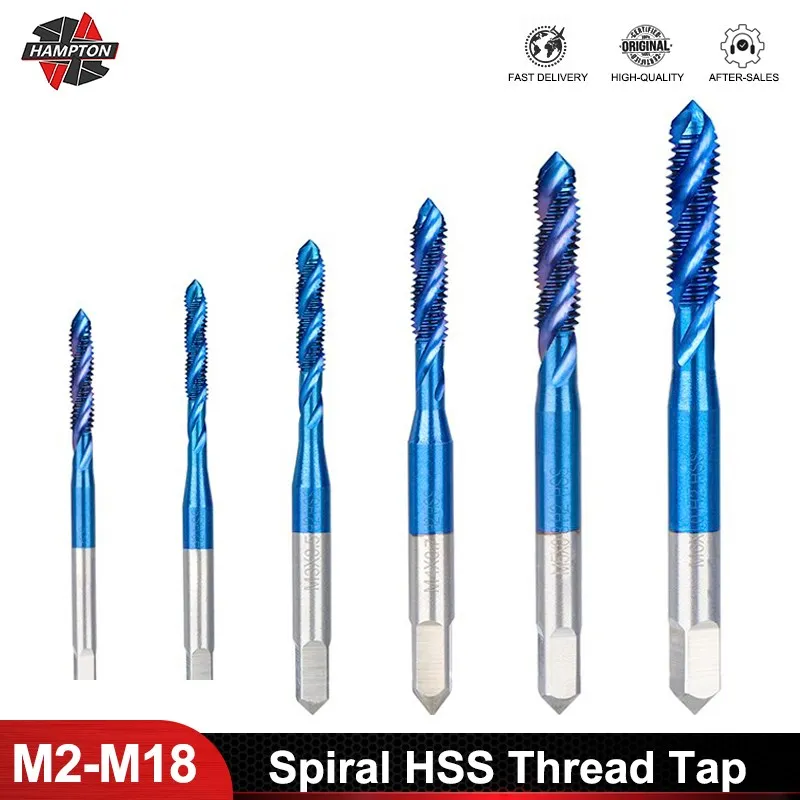 Hss thread tap broca M2-M18 flauta espiral máquina de parafuso da torneira nano azul revestido metal buraco broca broca cnc máquina ferramentas