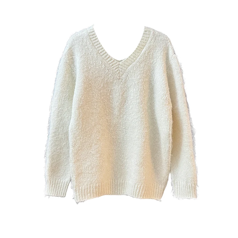 Suéter suave de manga larga con cuello en V para mujer, Jersey sencillo Vintage, holgado y versátil, Tops de punto elegantes para otoño 2025
