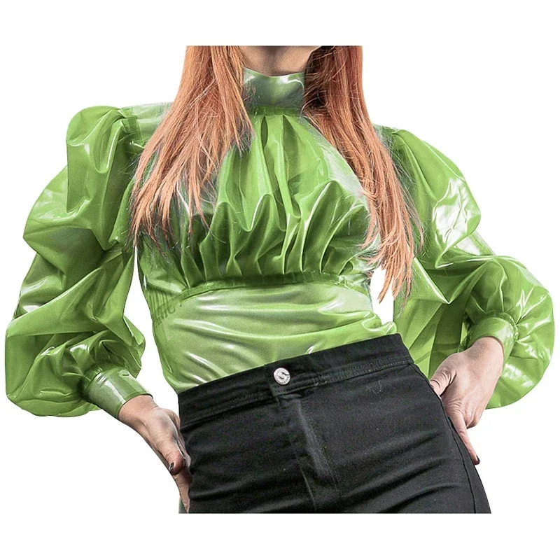 

Green Sexy Latex Blouse with Puff Long Sleeves Short Rubber Shirt for Women