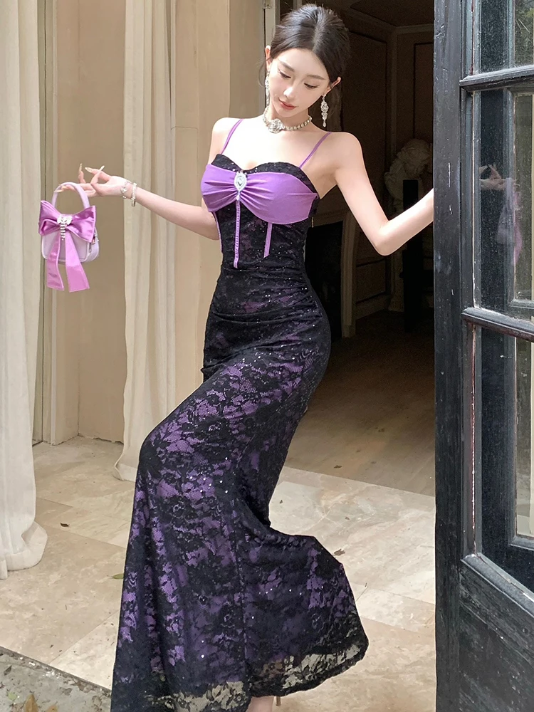 2025 schwarz Spitze Patchwork Lila Elegante Luxus Kleid Frauen Sexy Sling Prom Kleid Sommer Koreanische Vintage Bodycon Abendkleider