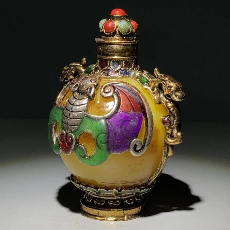 Antique Old Collection Pure Copper Beeswax Cloisonne Luminous Inner Painting Snuff Bottle Vintage Smoking Utensil