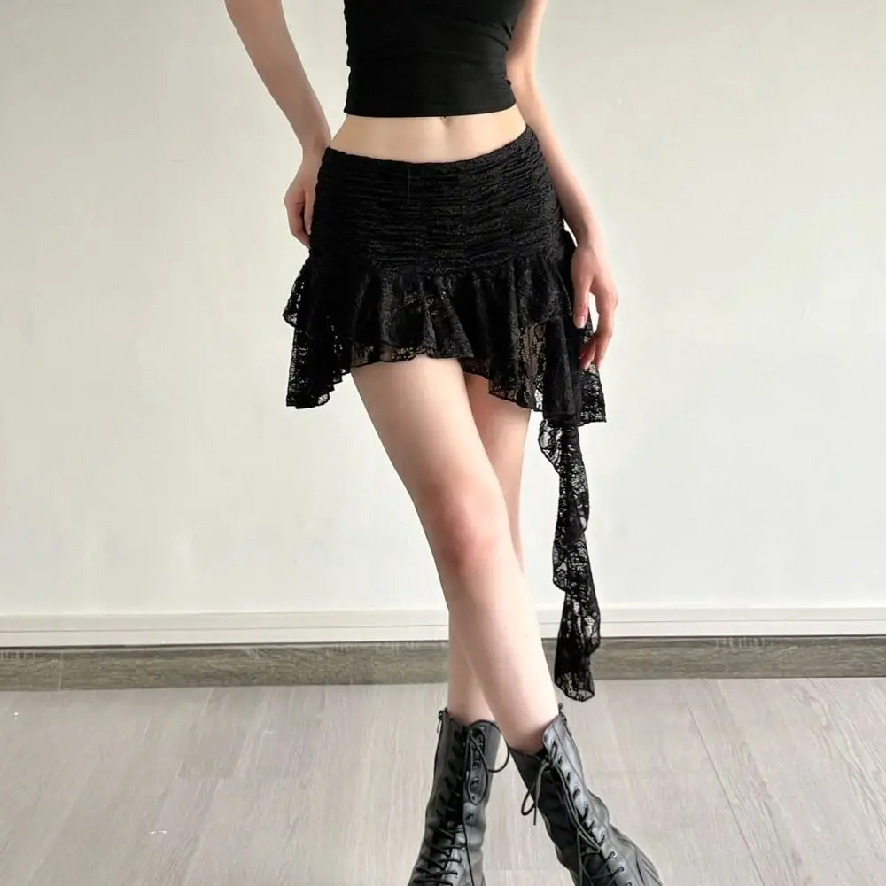 

Polyester Bohemian Lace Skirt High Waist Low Waist Irregular Mini Skirt Asymmetrical Design Ruffle Edge Ruffled Short Skirt