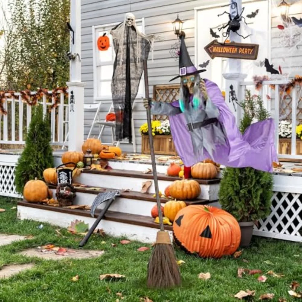 Halloween Animated Hovering Witch Animatronics 6 FT Purple Garden Props Flying Witch With Lights Hovering Witch Decorations